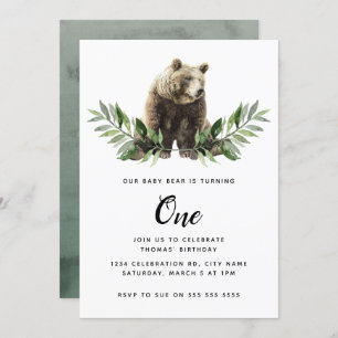 Baby Bear Watercolor Woodland First Birthday Invitation