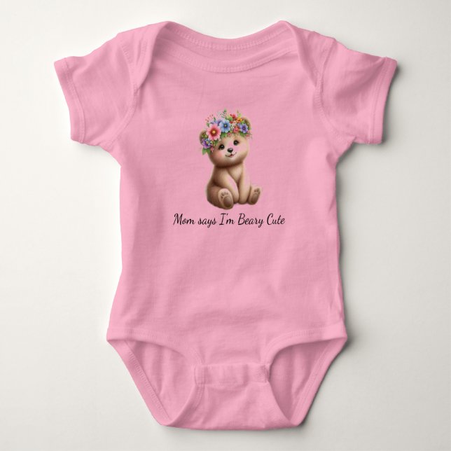 Baby Bear with Flower Crown Beary Cute Baby Bodysuit (Front)