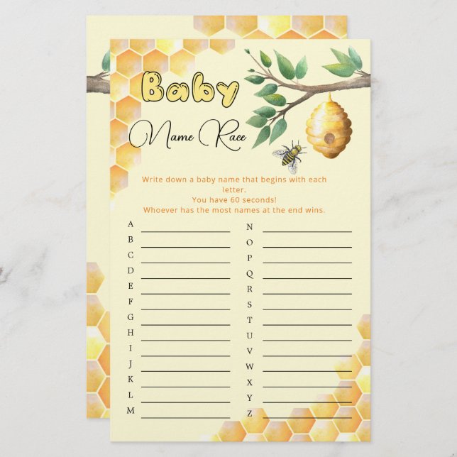 Baby Bee Baby Shower Baby Name Race Game (Front/Back)