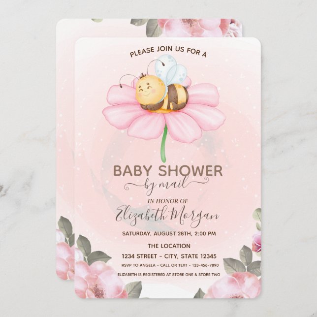 Baby Bee Floral Baby Shower  Invitation (Front/Back)