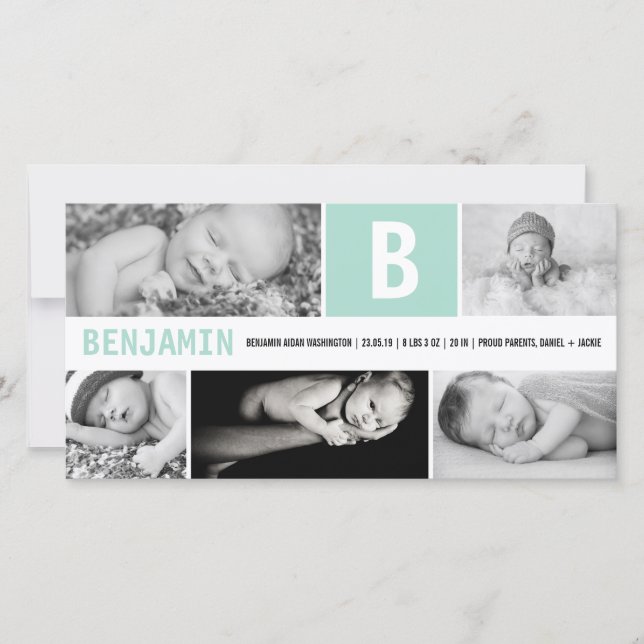 Baby Big Initial 5 Multi Photo Mint Green Birth Announcement (Front)