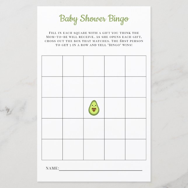 Baby Bingo Card Kawaii Avocado Baby Shower Game (Front)