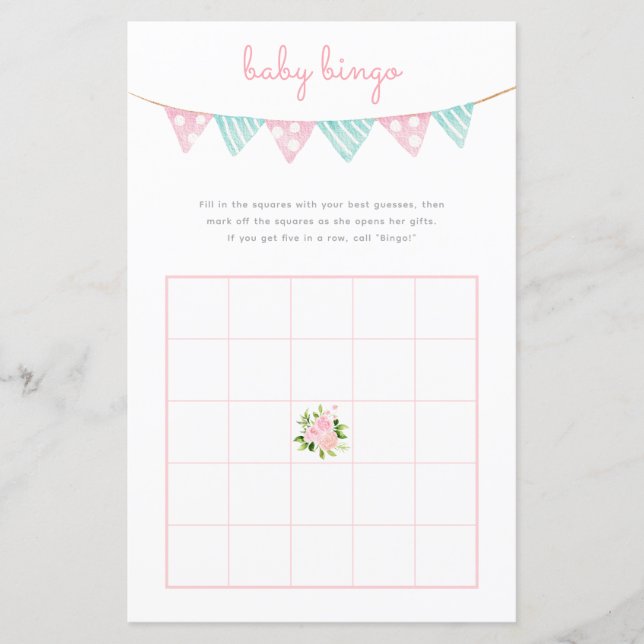 Baby Bingo Game - Pink Flowers Party Baby Shower (Front)