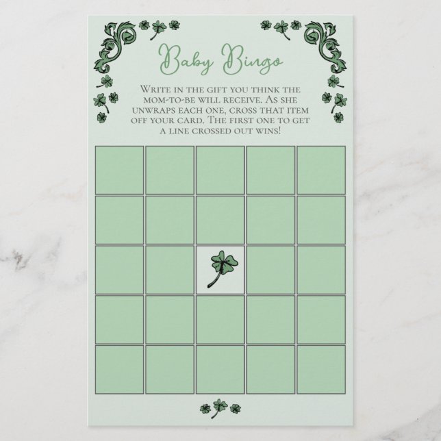 Baby Bingo St Patrick's Day Baby Shower Game Card (Front)