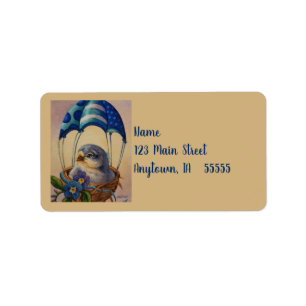 Baby Bird Fledgling Blue Parachute Watercolor Art  Label