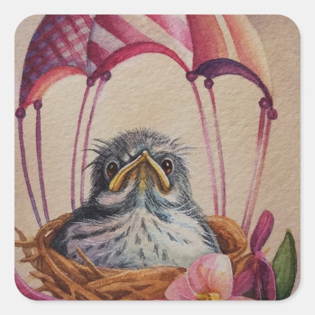 Baby Bird Fledgling Pink Parachute Watercolor Art Square Sticker (Front)