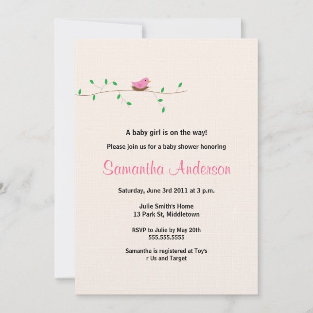 Baby Bird Nest Baby Shower Invitation- Girl Invitation (Front)
