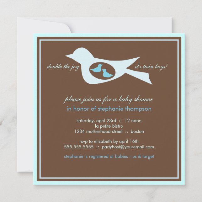 Baby Birdie Twin Boys Blue Baby Shower Invitation (Front)