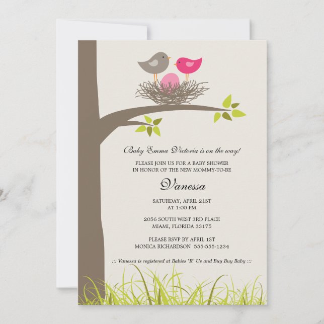 Baby Bird's Nest Baby Girl Shower Invitation (Front)