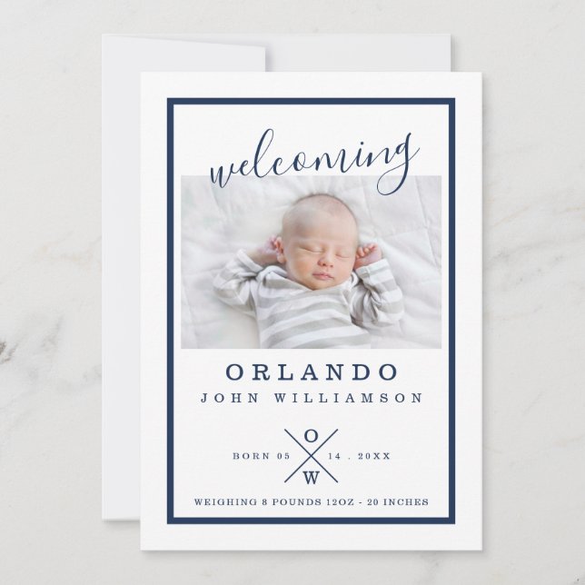 Baby Birth Announcement Card - Modern Navy & White (Front)