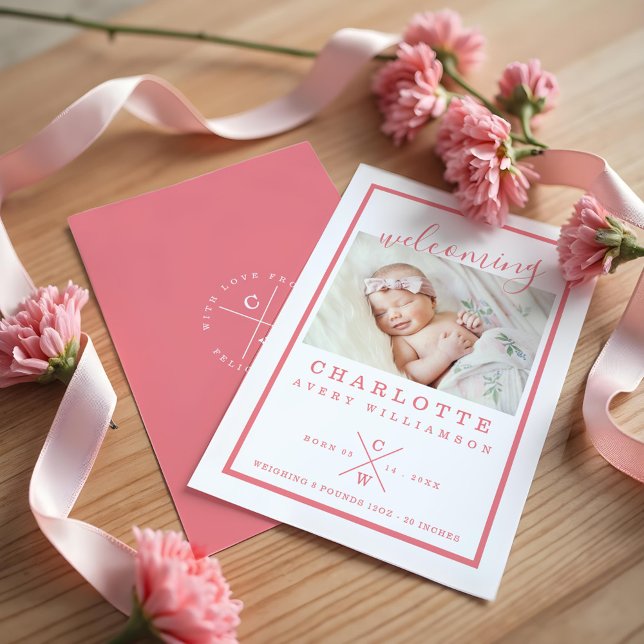 Baby Birth Announcement Card - Modern Pink & White (Baby Birth Announcement Card - Modern Pink & White)