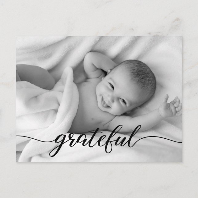 Baby Birth Announcement Grateful Script photo Postcard (Front)