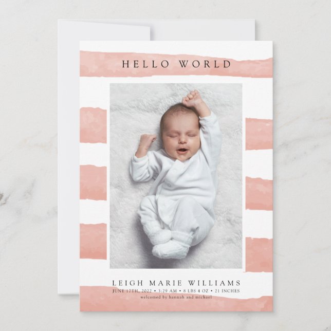 BABY BIRTH ANNOUNCEMENT Hello Watercolor Stripes (Front)