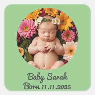 baby birth announcement photo and name custom square sticker