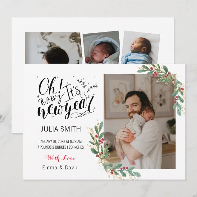 Baby Birth Announcement Photo Card Elegant Floral  (Front/Back)