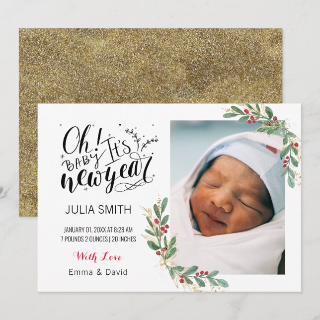 Baby Birth Announcement Photo Card Elegant Floral  (Front/Back)