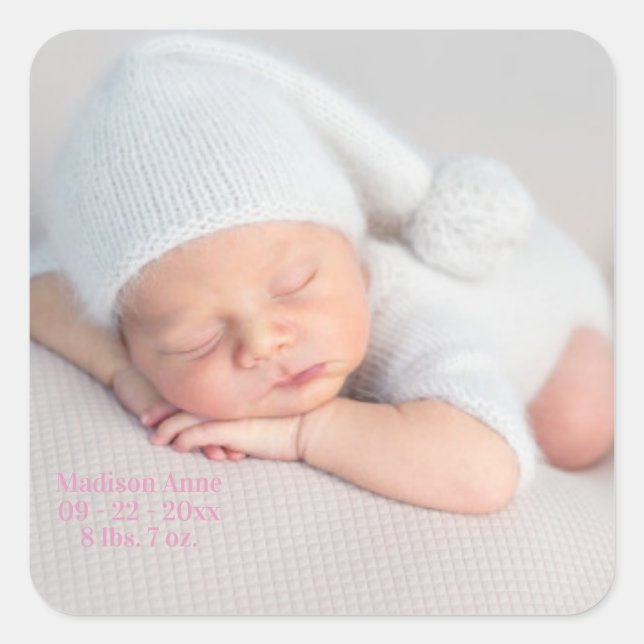 Baby Birth Announcement Photo Pink Girl Square Sticker (Front)