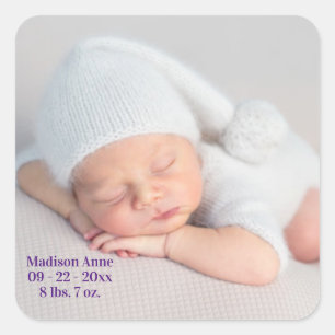 Baby Birth Announcement Photo Typography Girl Square Sticker