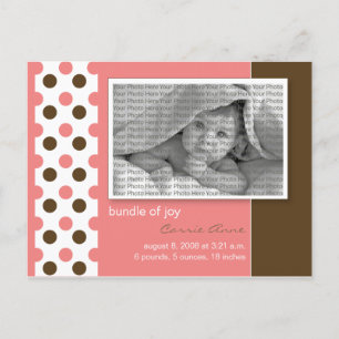 Baby Birth Announcement Pink Polka dots Postcard