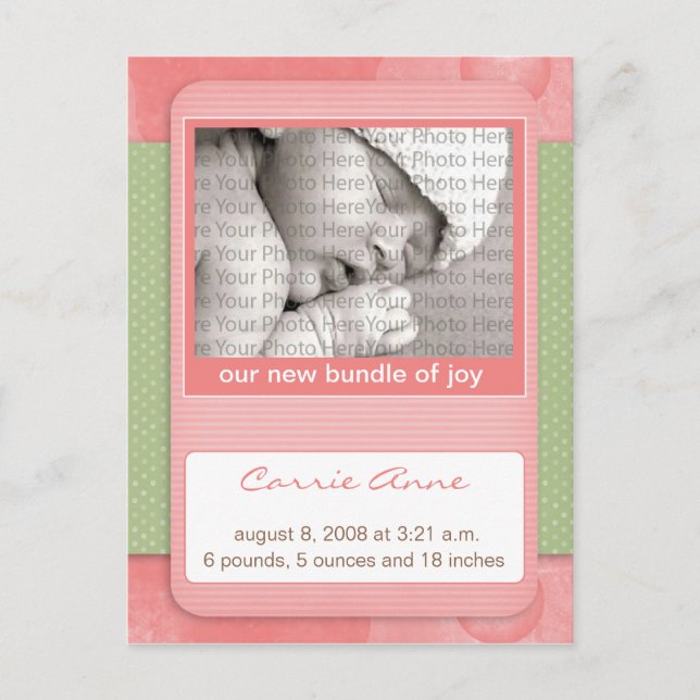 Baby Birth Announcement Pink Polka Dots Postcard (Front)