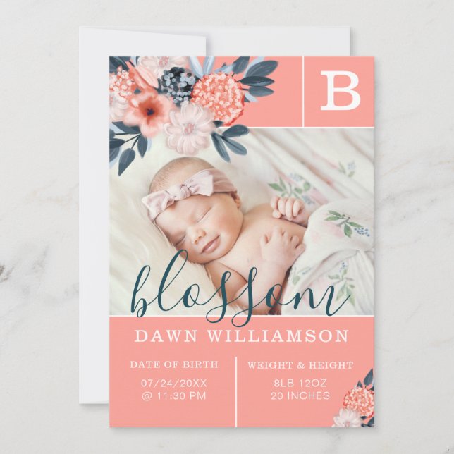 Baby Birth Announcement | Pink Watercolor Flowers (Front)