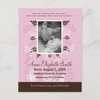 Baby Birth Announcement Pink with Cocoa Fern Postcard