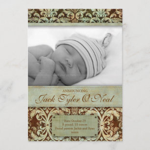 Baby Birth Announcement Vintage Brown Green