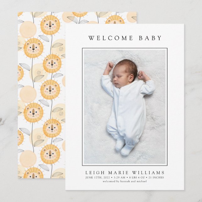 BABY BIRTH ANNOUNCEMENT Welcome Baby Lion Flowers (Front/Back)