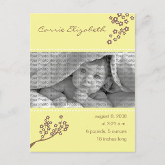 Baby Birth Announcement Yellow Branch Design Postcard