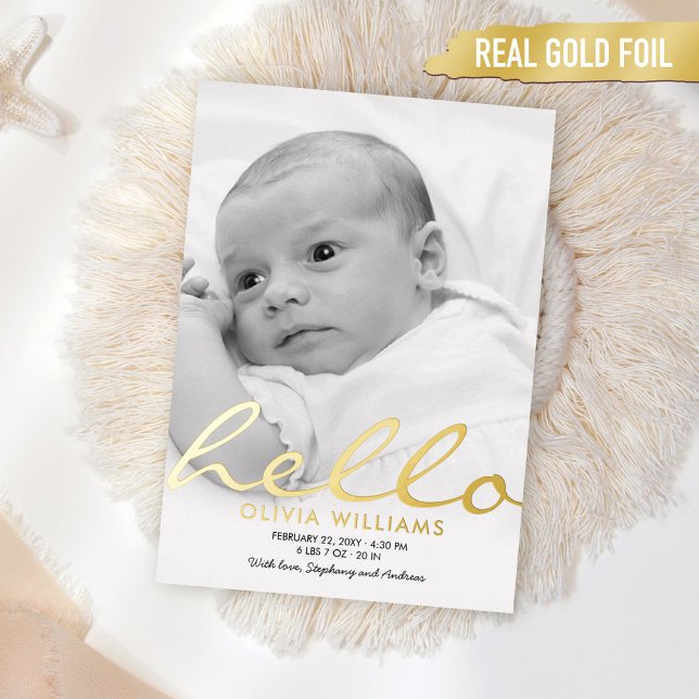 Baby Birth Gold Foil Hello Simple Announcement (Creator Uploaded)