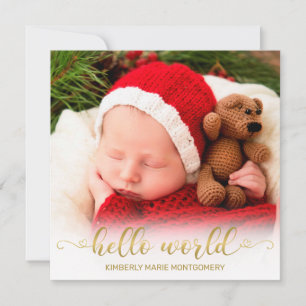 Baby Birth Hello World Gold Script w/ Hearts Photo Holiday Card