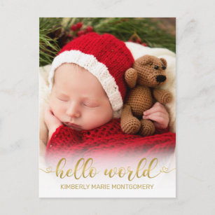 Baby Birth Hello World Photo Gold Script Hearts Holiday Postcard