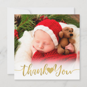Baby Birth Modern Gold Script w/ Heart Thank You Holiday Card