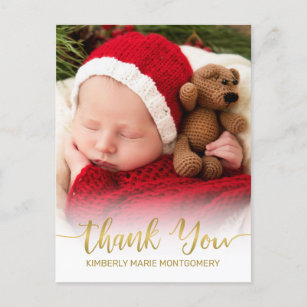Baby Birth Photo Gold Script Typography Thank You Holiday Postcard