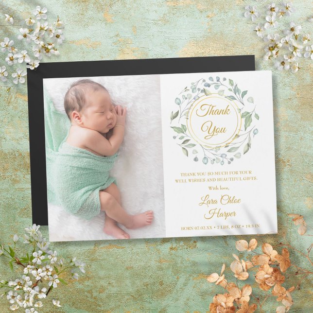Baby Birth Photo Greenery Gold Thank You  (Baby Birth Photo Greenery Gold Thank You)