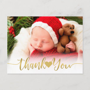Baby Birth Photo Modern Gold Script Heart Thank U Holiday Postcard