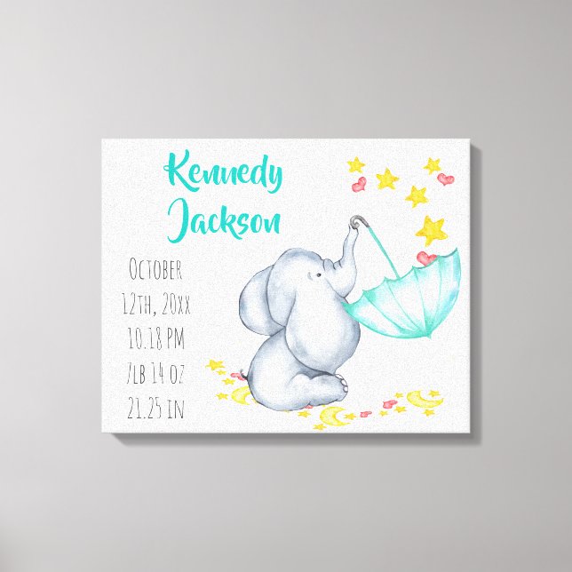 Baby Birth Record Stats Elephant Hearts and Stars Canvas Print (Front)