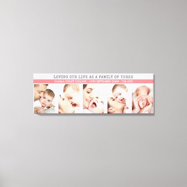 Baby Birth Stats 5 Photo Collage Family of 3 Pink Canvas Print (Front)