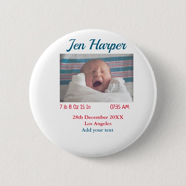 Baby birth stats add name place date keepsake memo 6 cm round badge (Front)