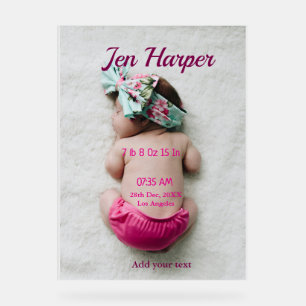 Baby birth stats add name place date keepsake memo acrylic sign