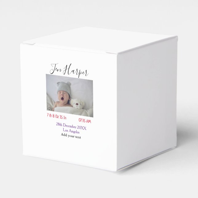 Baby birth stats add name place date keepsake memo favour box (Front Side)