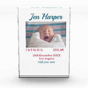 Baby birth stats add name place date keepsake memo photo block