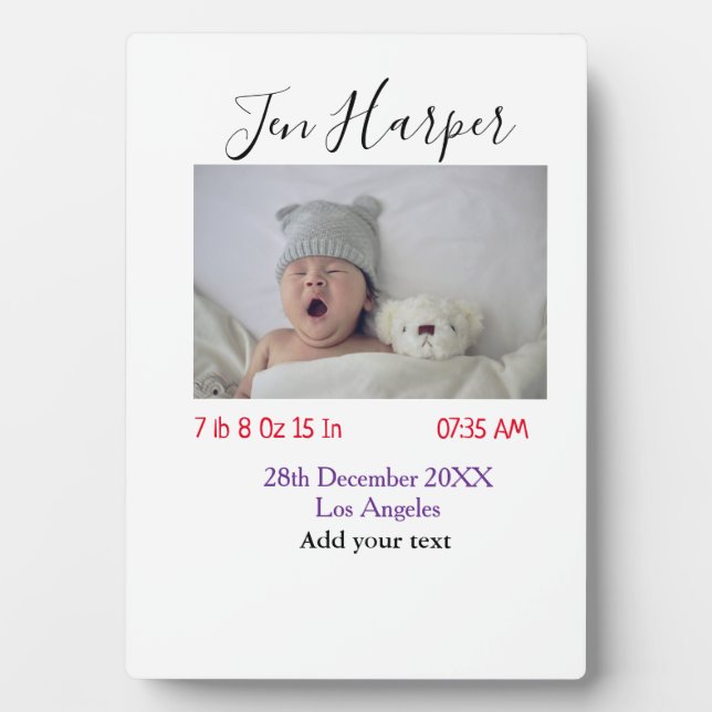 Baby birth stats add name place date keepsake memo plaque (Front)