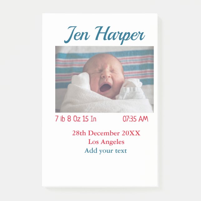 Baby birth stats add name place date keepsake memo post-it notes (Front)