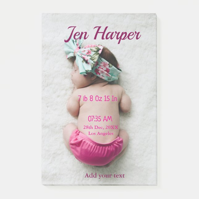 Baby birth stats add name place date keepsake memo post-it notes (Front)