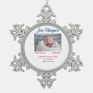 Baby birth stats add name place date keepsake memo snowflake pewter christmas ornament