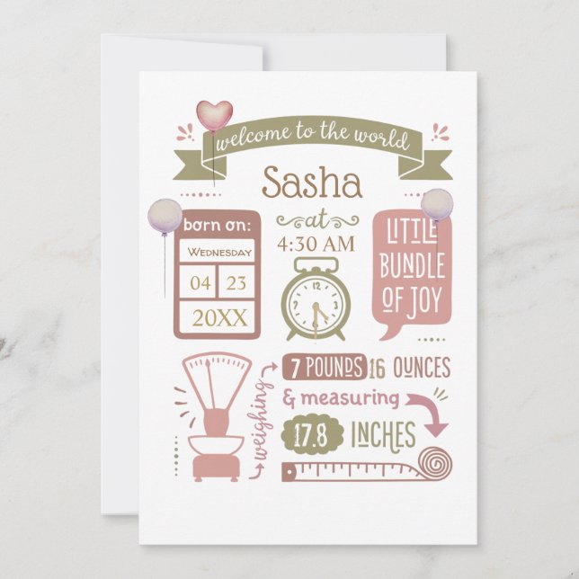 Baby Birth Stats Announcement Pink (Front)