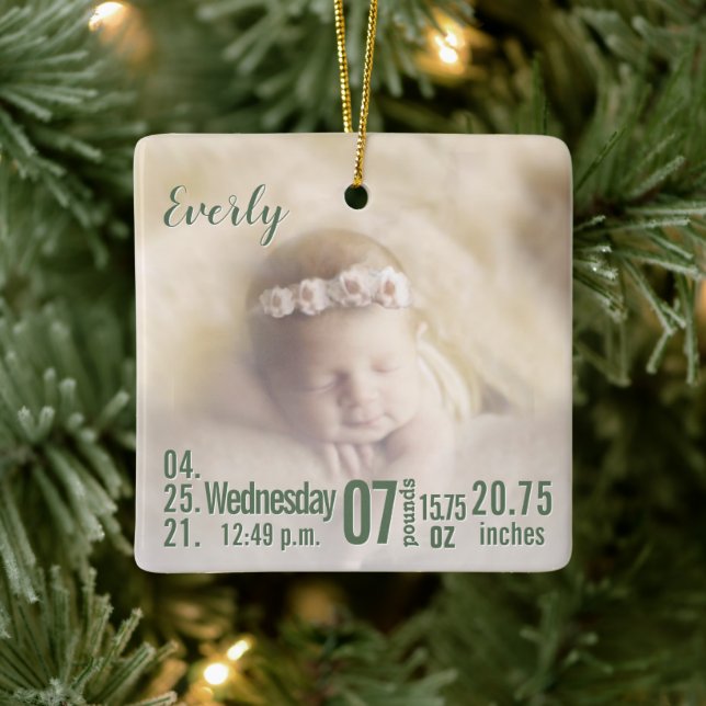 Baby Birth Stats Birth Record Christmas Photo Cera Ceramic Ornament (Tree)