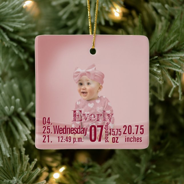 Baby Birth Stats Birth Record Christmas Photo Cera Ceramic Ornament (Tree)