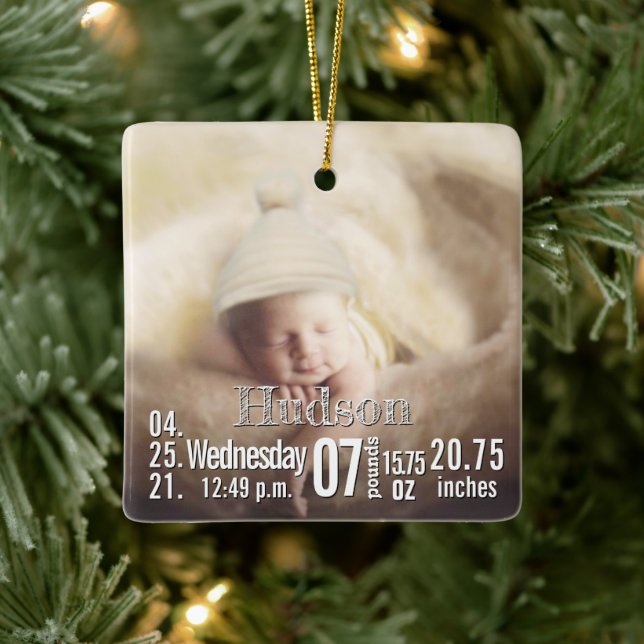 Baby Birth Stats Birth Record Christmas Photo Cera Ceramic Ornament (Tree)